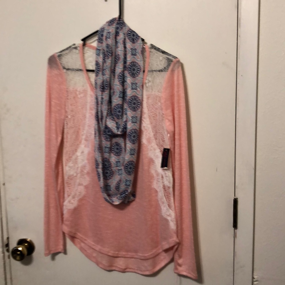 Blouse with scarf, peach & white colored, NWT